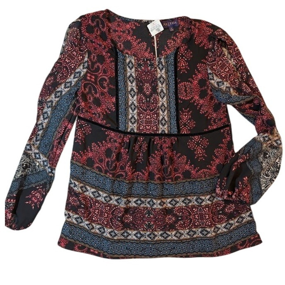 Artesia Womens Blouse Small Black‎ Red Paisley Long Sleeve Peasant Top
